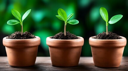 Naklejka premium Three Young Plants Growing in Clay Pots with Lush Green Background