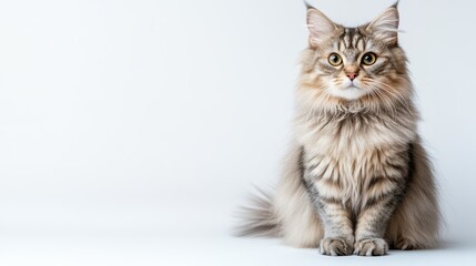 A beautiful long-fur grey cat sits elegantly against a white background, showcasing its fluffy coat in a studio shot.