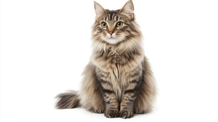Obraz premium A beautiful long-fur grey cat sits elegantly against a white background, showcasing its fluffy coat in a studio shot.