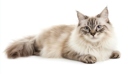 Obraz premium A beautiful long-fur grey cat sits elegantly against a white background, showcasing its fluffy coat in a studio shot.