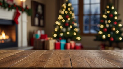 Empty wooden table top with blurred background of family room with christmas theme. The focus is on the table surface.