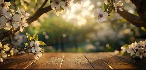 Spring blossoms on a wooden table in a garden at dawn