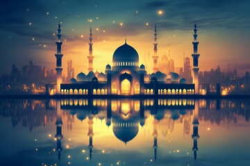 Majestic Mosque at Sunset City Skyline Reflection
