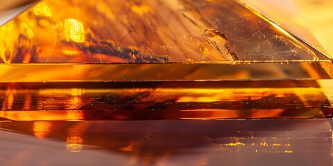 Extreme macro photo of a polished triangle glass partially encasing a clear sphere, with multicolor edges, soft refraction, and a blurred violet-emerald backdrop. Warm, natural tones, depth of field, 