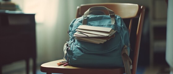 A worn backpack rests on a wooden chair, with notebooks spilling out, suggesting a story of daily adventures and learning.