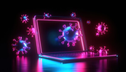 Front view and symmetric a lot of malware icon are networking and attacking laptop, glass material, neon light effect, black background, 3D rendering, isometric view,