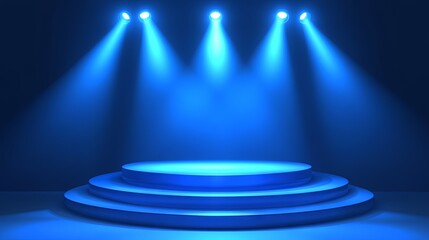 Illuminated stage with intense blue spotlights for live shows