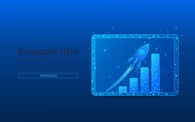 Tablet in foreground showing abstract rocket powered graph. Stock market concept in futuristic light blue holographic style