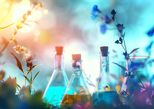 Colorful Chemical Flasks on Abstract Background
glass chemical flasks with colored smoking liquids on a light background
