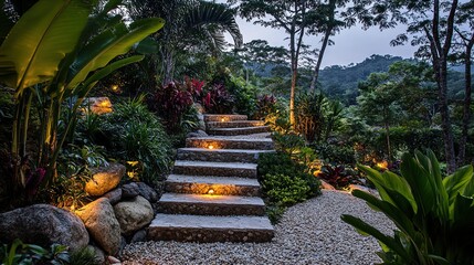 Photo of a stone staircase leading through the garden, illuminated by small LED lights on each step. 