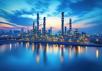  A modern oil refinery at dusk, illuminated by the soft glow of industrial lights and the blue hues of the twilight sky. 