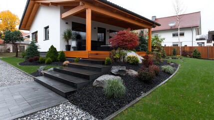 Modern house, autumn garden, stone path, landscaping