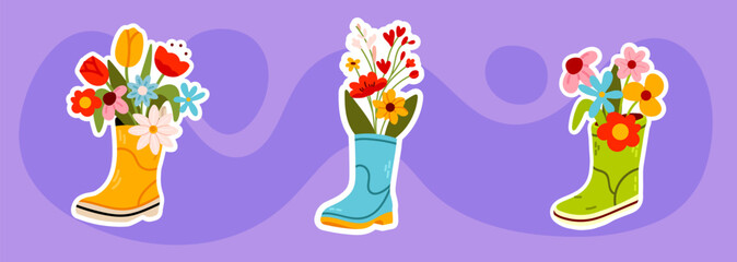 A sticker set of colorful rubber boots filled with spring flowers. A cheerful illustration for scrapbooking, greeting cards, and seasonal decorations.