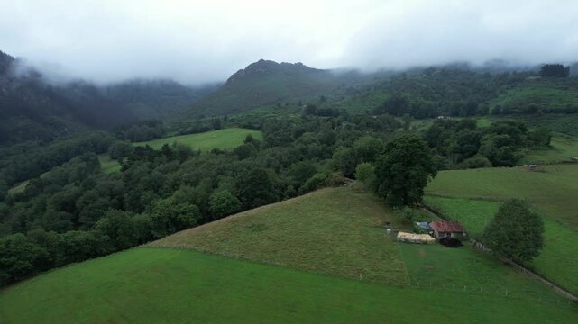 Drone view of the green spanish mountains in Asturias on a cloudy day - 293
