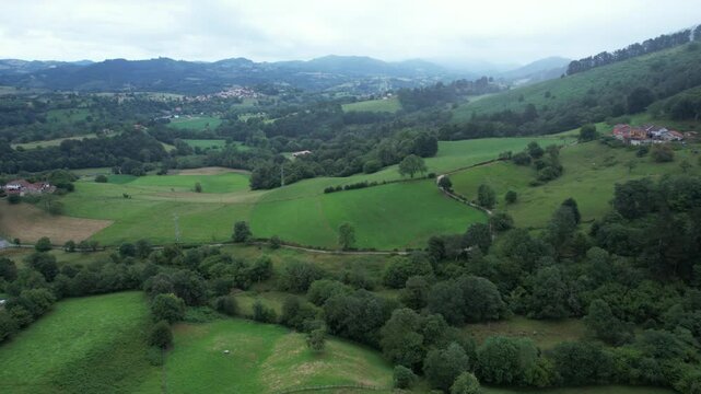 Drone view tracking left of a rural spanish landscape in Asturias mountains - 295
