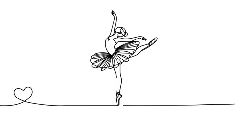 Classical female dancer in continuous line art drawing style. Girl dancing black line sketch on white background. Vector illustration © Emilia