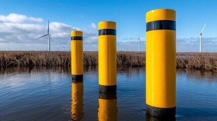Vibrant yellow poles rise from calm waters, contrasting against a backdrop of wind turbines and a clear blue sky.