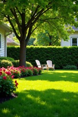Serene Backyard Oasis Lush Green Lawn, Vibrant Blooms, and Tranquil Seating Under a Shade Tree