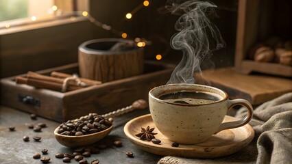Freshly brewed coffee with steam rising from a rus