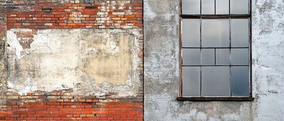 A raw brick wall meets a weathered plaster section with a single window, illustrating urban decay and textured contrast.