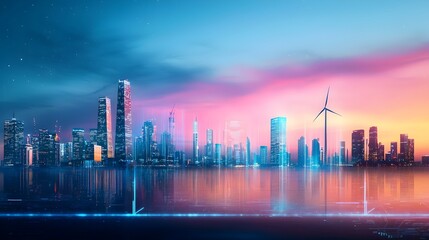 a futuristic cityscape with skyscrapers reflecting in the water, a stunning sunset with a windmill