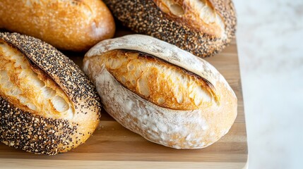 Brown seeded crusty artisan bread loaves on wooden cutting board, isolated on white background,...