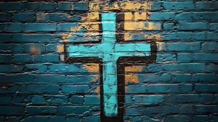 Simple cross graffiti on a turquoise wall
