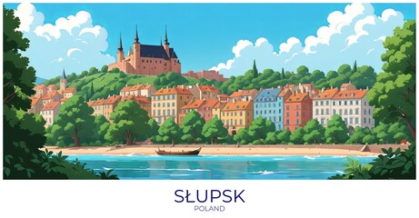 Słupsk Poland Travel Poster Flat Illustration Print Decor Gift Canvas Wall Art