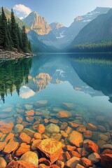 Tranquil mountain lake reflects towering peaks and vibrant stone