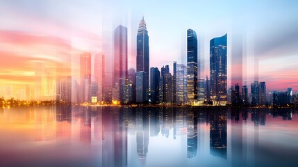 a vibrant skyline with tall buildings and a colorful sky reflecting on water. The modern architecture is set against a dynamic sky, creating a stunning visual