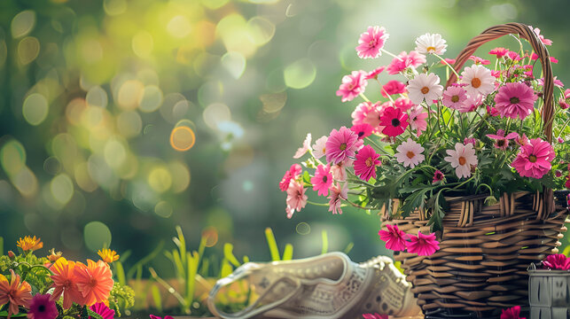 Natural beautiful green podiums from moss for products, outdoor.
Vibrant Spring Flowers in Rustic Wicker Basket on Wooden Table for Garden Decor
