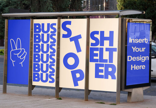 Urban Bus Stop Shelter With Four Blank Panels and one urban panel ready for Advertisement. Five design options