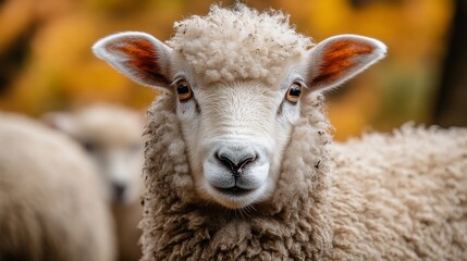 Close-Up Portrait of a Sheep on a Farm in Autumn Landscape