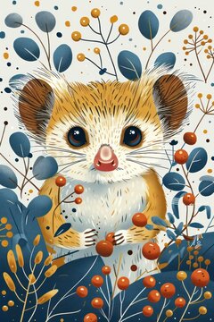 A cute illustrated animal surrounded by colorful plants and berries.