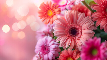 Wooden Table Pink And White Flowers Are Sitting
Blossoming Beauty. A flower background showcasing intricate details on a plain backdrop.
Vibrant Pink Gerbera Daisies in Bloom Against a Soft Pink Backg