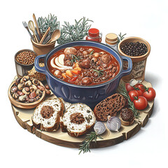 Artistic food drawing of fruits and drinks with colored pencils capturing texture beautifully. Cozy Homemade Stew Surrounded by Fresh Ingredients and Bread