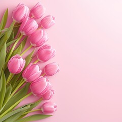 "Beautiful pink tulips arranged elegantly on a soft pastel pink background, top view, perfect for celebrating Happy Women's Day, spring season, floral themes, and feminine concepts. Ideal for greeting