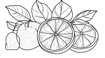 Citrus fruits, berries, leaves;  kitchen still life;  coloring book page