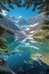 Majestic mountains surround serene lake, reflecting vibrant sky