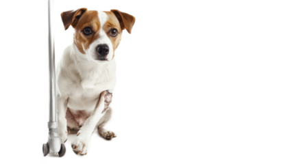 A playful dog sitting beside a shiny metal pipe in a bright, minimalist indoor setting