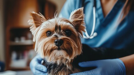 A cute small dog being examined by a professional veterinarian in a vet clinic.