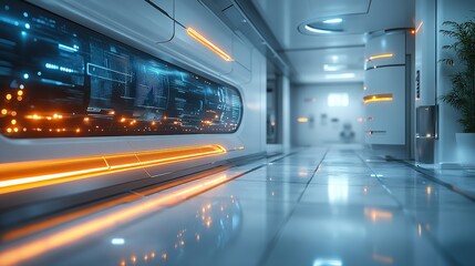 Futuristic corridor with glowing panels and digital displays in a high-tech environment