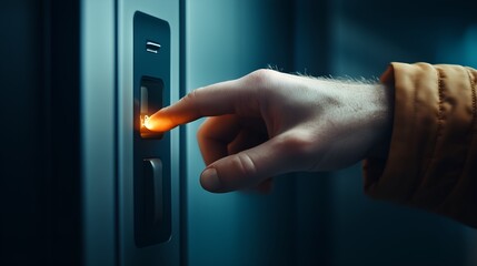 Close-Up of a Finger Pressing an Illuminated Digital Button, Symbolizing Online Banking Security, Cybersecurity Authentication, and Digital Access Technology