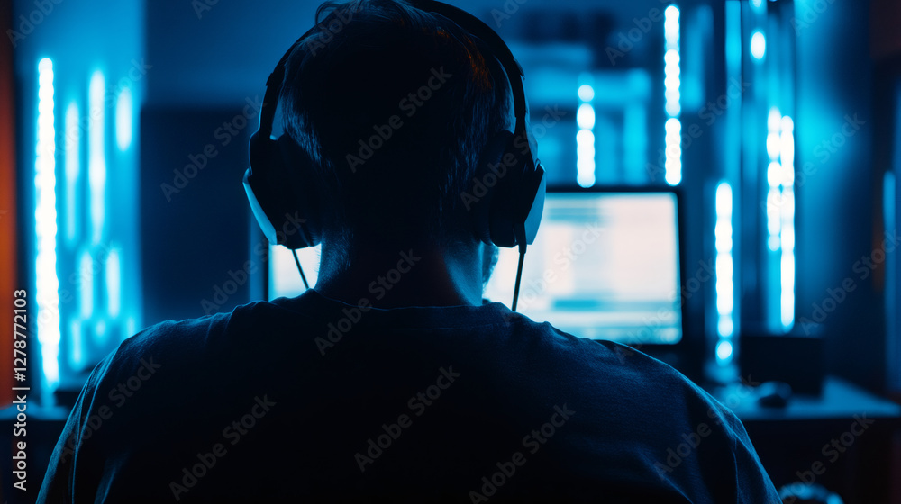 Poster programmer working from home at night using computer and wearing headphones, concentrating on the sc