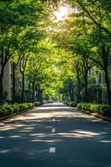 Fototapeta premium A wide asphalt road stretching between modern apartment buildings, lined with lush green trees on both sides, bathed in bright sunlight on a warm summer day 