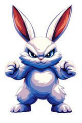 A fierce, white rabbit with red-tipped ears stands in a fighting