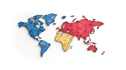 Fototapeta premium Colorful Geometric World Map Illustration with Blue, Red, and Yellow Tones on White Background