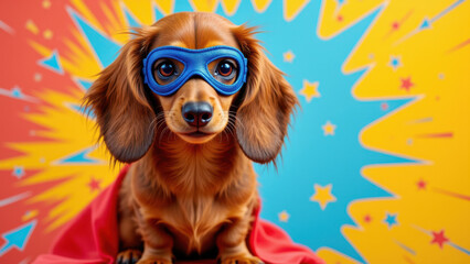 A dachshund wearing a blue cape with stars and a mask looking at the camera.