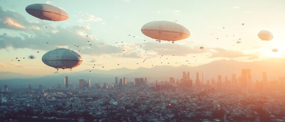 Numerous futuristic airships hover over an expansive city under a glorious sunset, suggesting a harmonious blend of nature and advanced technology.