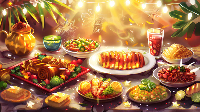 A festive celebration with Roti Sai Mai served as a traditional dessert option.
Table full of vibrant European dishes showcasing textures and colors
